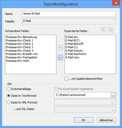 Configuration d’exportation